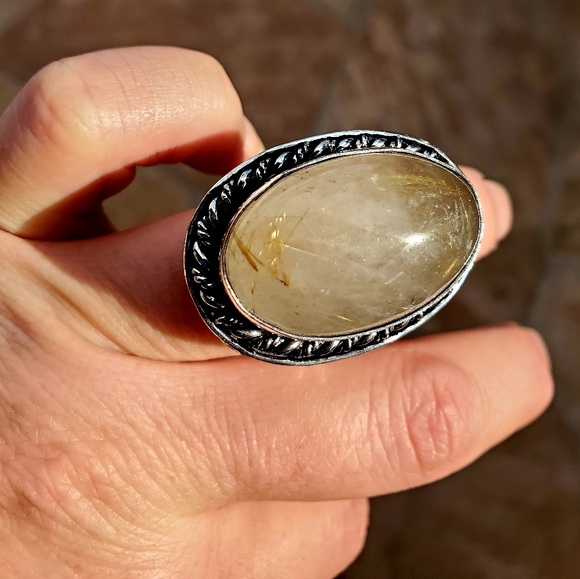 New Huge Golden Rutile Quartz 925 Silver Statement Ring. - Picture 12 of 16